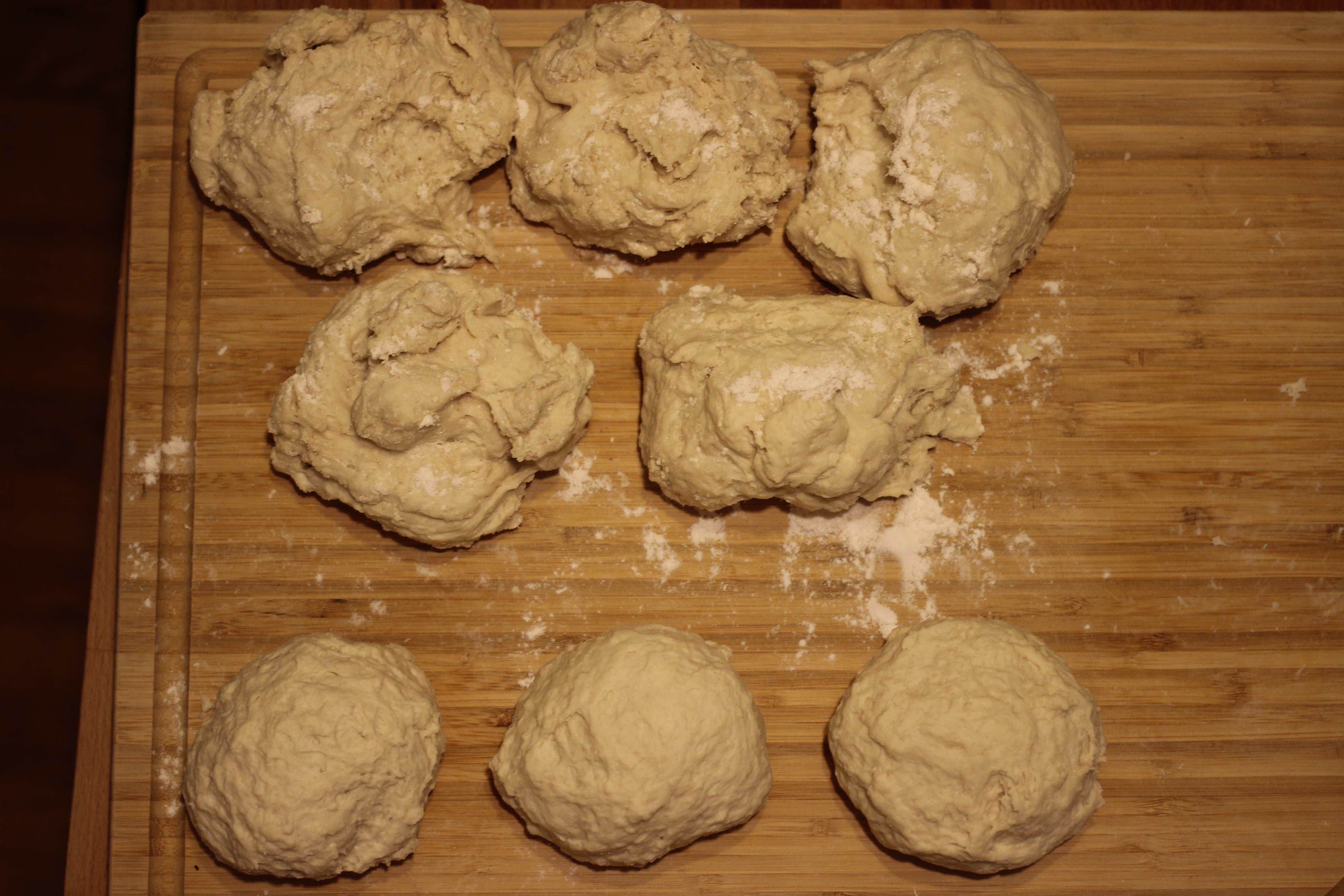 Separated doughs. To show the difference in texture and shape, the top two rows are unkneaded and the bottom row is kneaded.